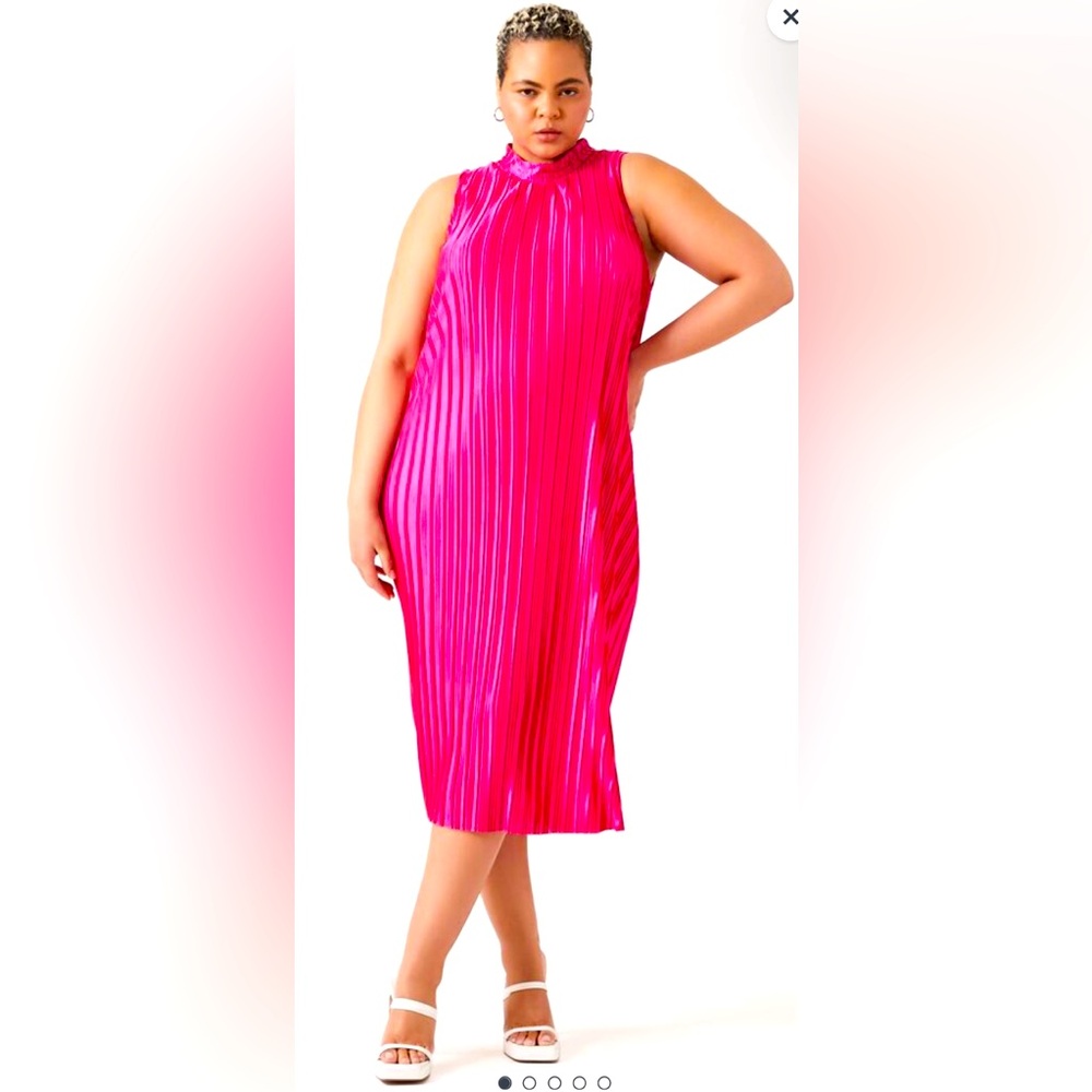 Forever 21+ Hot Pink Pisse Pleated Mock Neck Sleeveless Midi A-line Dress 2X